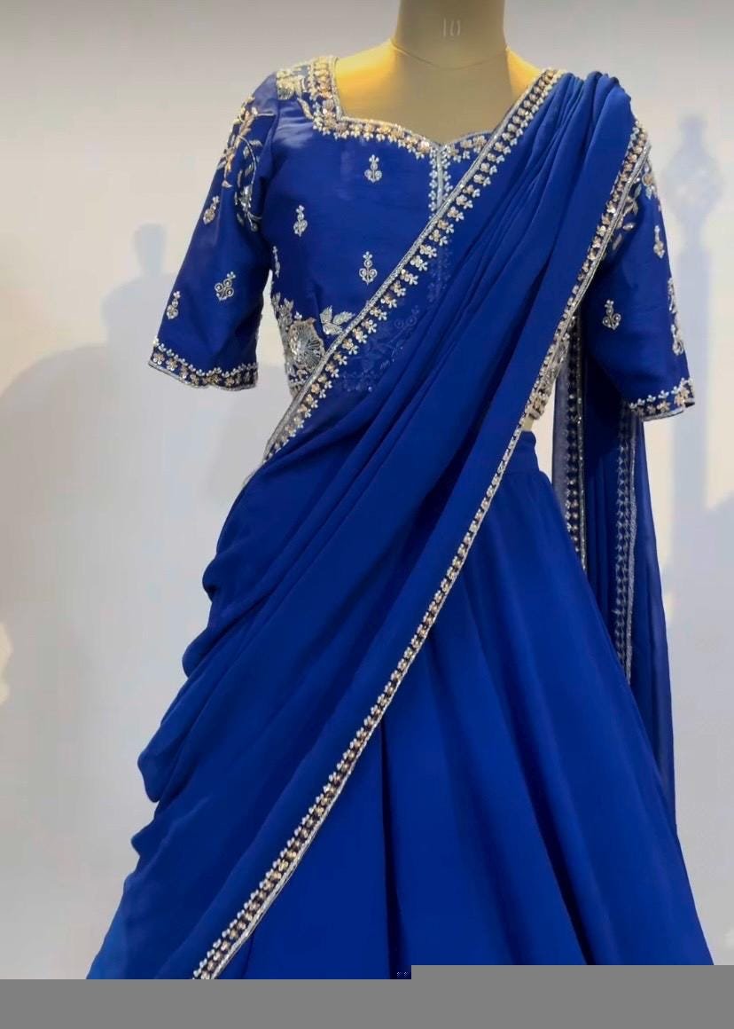 Royal Blue Lehenga Set: Embroidered Crop Top, Georgette Skirt & Dupatta