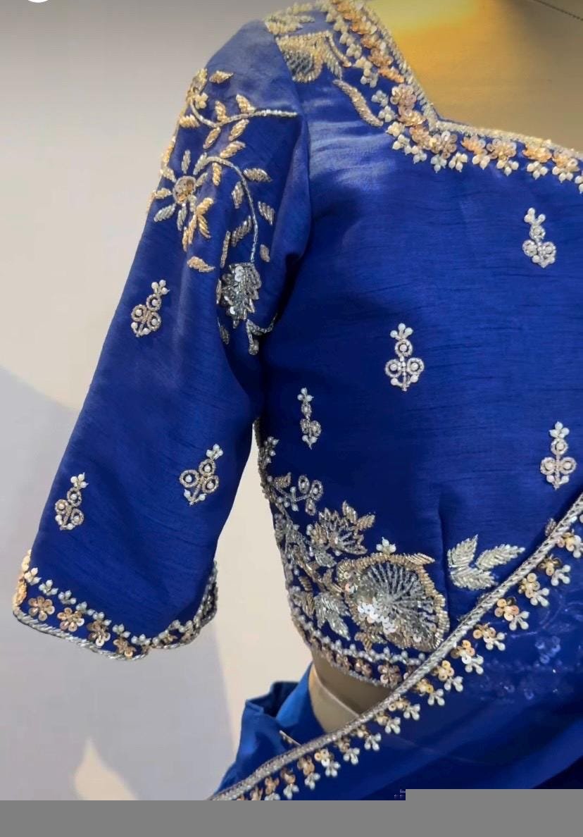 Royal Blue Lehenga Set: Embroidered Crop Top, Georgette Skirt & Dupatta
