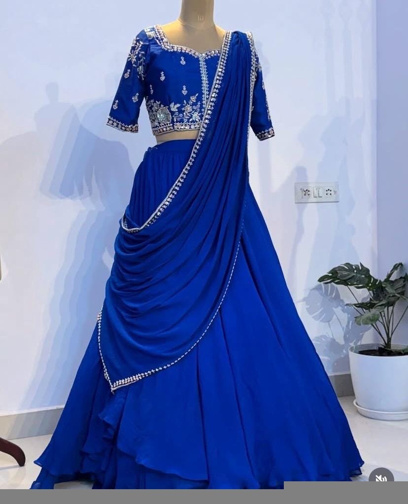 Royal Blue Lehenga Set: Embroidered Crop Top, Georgette Skirt & Dupatta