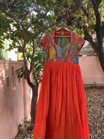 Hand-Painted Kalamkari Anarkali Dress with Dupatta: Orange Silk Embroidered Gown,Kalamkari hand print Anarkali dress,orange Anarkali dress