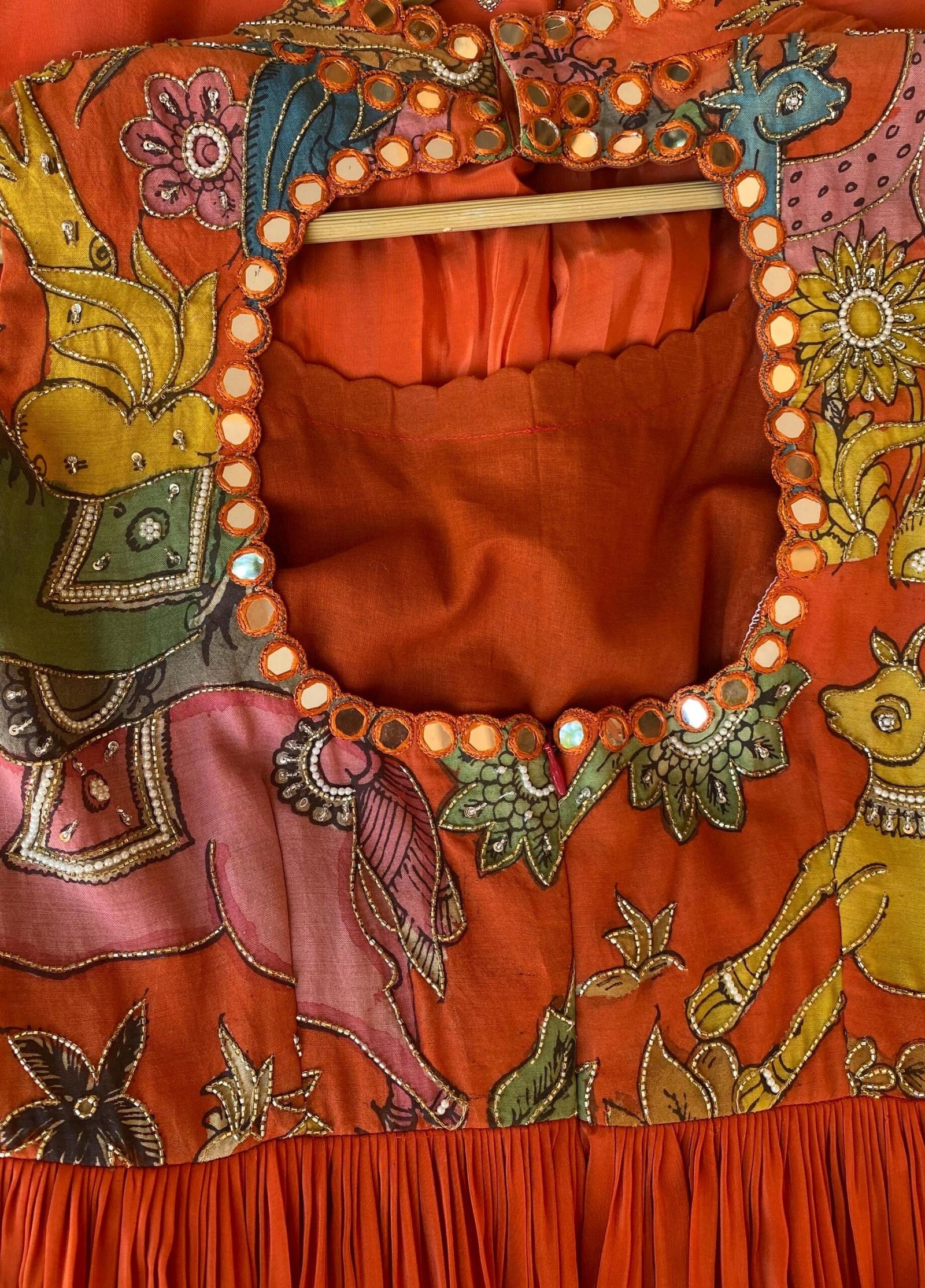 Hand-Painted Kalamkari Anarkali Dress with Dupatta: Orange Silk Embroidered Gown,Kalamkari hand print Anarkali dress,orange Anarkali dress