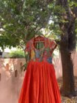 Hand-Painted Kalamkari Anarkali Dress with Dupatta: Orange Silk Embroidered Gown,Kalamkari hand print Anarkali dress,orange Anarkali dress