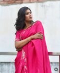 Pink satin chiffon silk saree with hand Embroidered blouse/hand embroidered saree with ready blouse|sarees USA|hotpink embroidery silk saree
