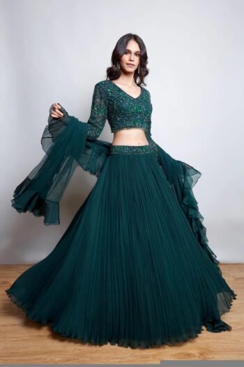 Hand Embroidered Green Lehenga Set: Silk Crop Top, Ruffle Dupatta