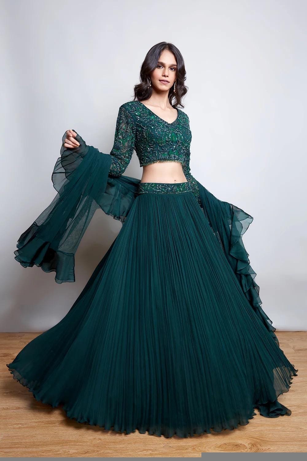 Hand Embroidered Green Lehenga Set: Silk Crop Top, Ruffle Dupatta
