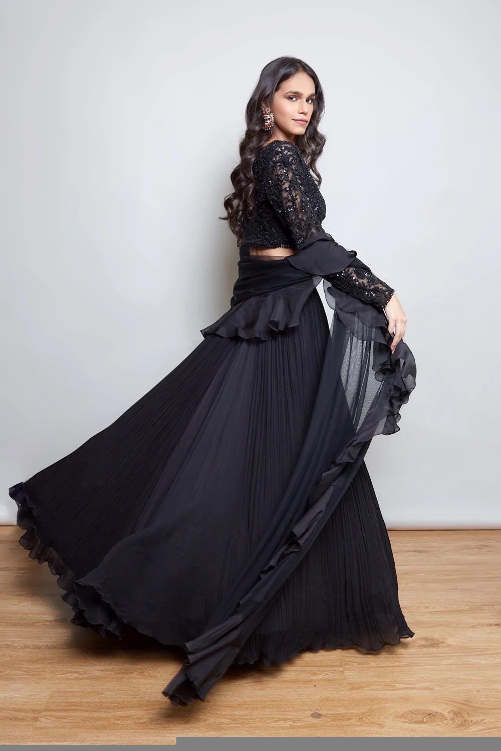 Hand Embroidered Black Lehenga Set: Silk Crop Top, Ruffle Dupatta