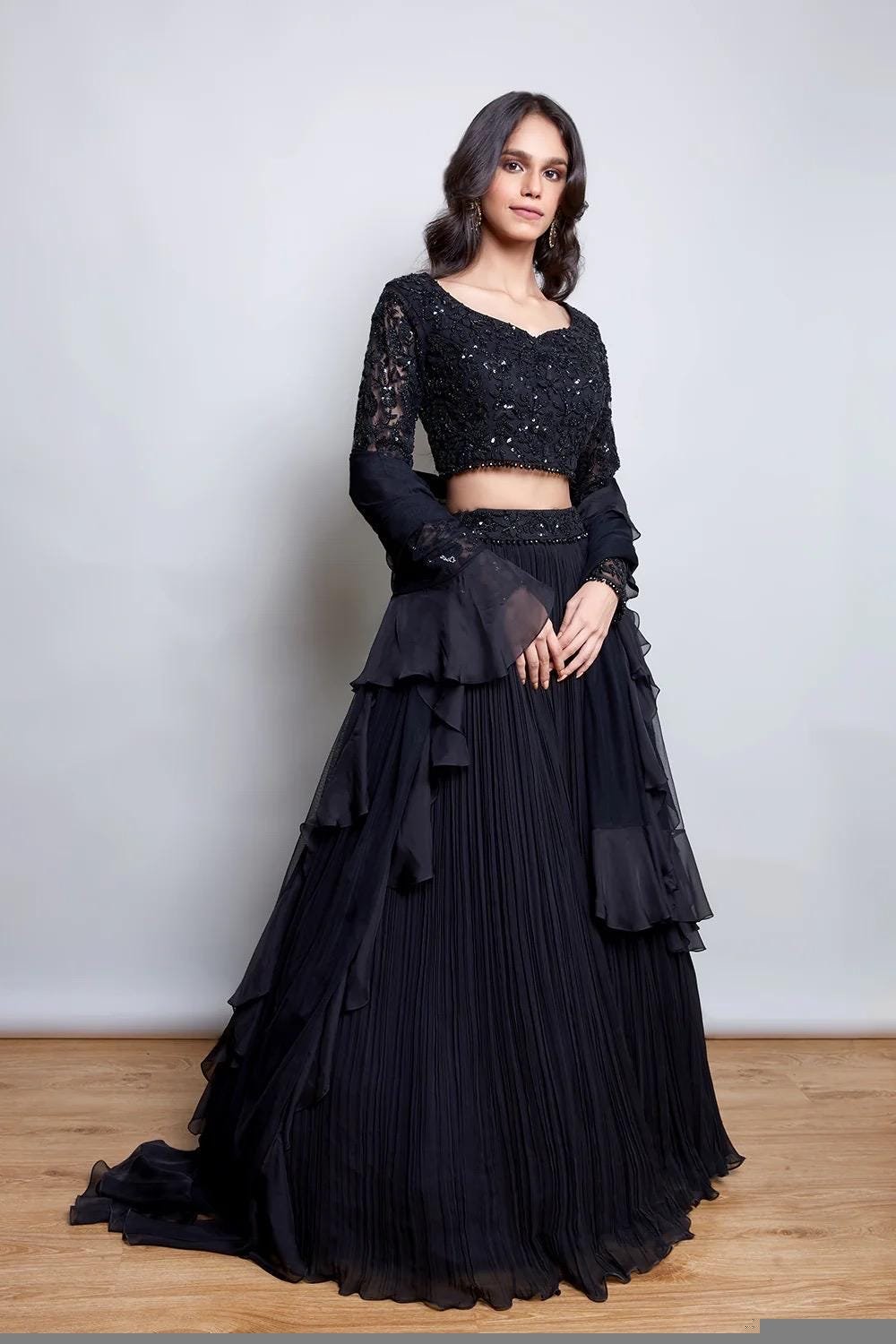 Hand Embroidered Black Lehenga Set: Silk Crop Top, Ruffle Dupatta