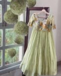 Hand Embroidered Lehenga Set: Pista Green Georgette Indian Crop Top Skirt