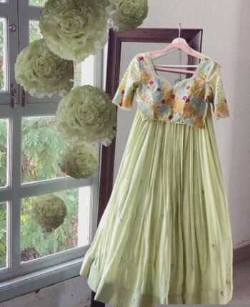Hand Embroidered Lehenga Set: Pista Green Georgette Indian Crop Top Skirt
