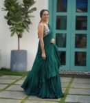 Green Ruffle Saree: Hand-Embroidered Sleeveless Blouse, Modern Lehenga Sari