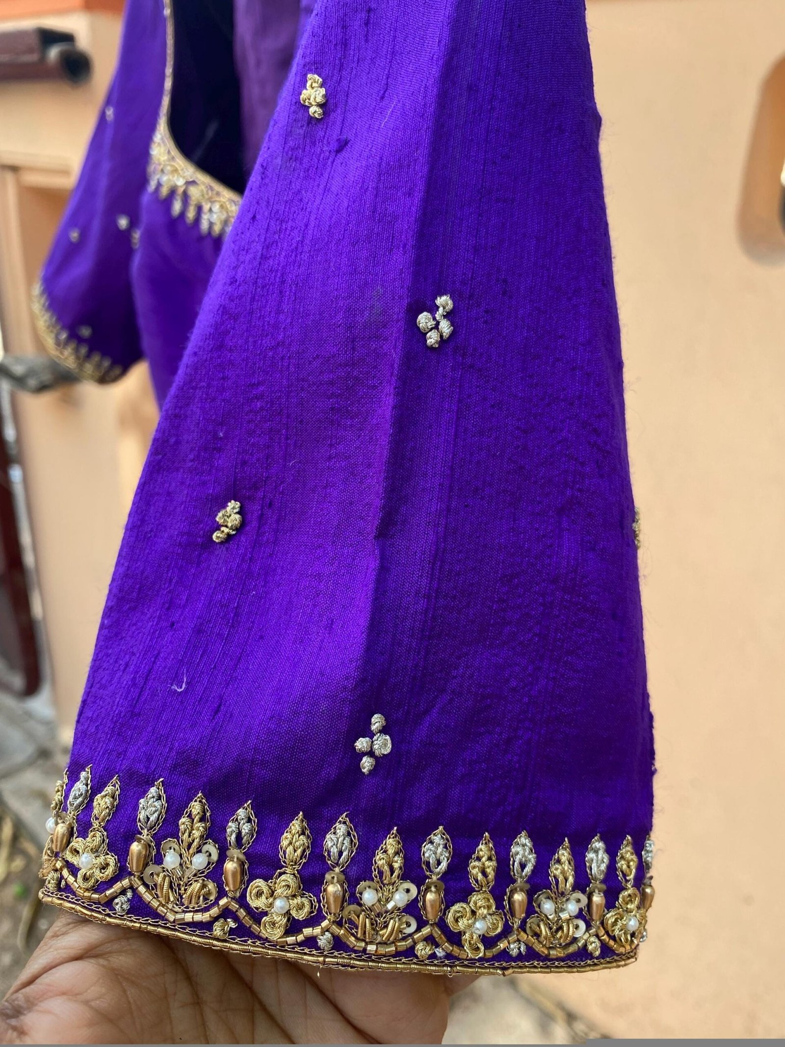 Purple Silk Saree Blouse: Hand Embroidered Zardosi Maggam