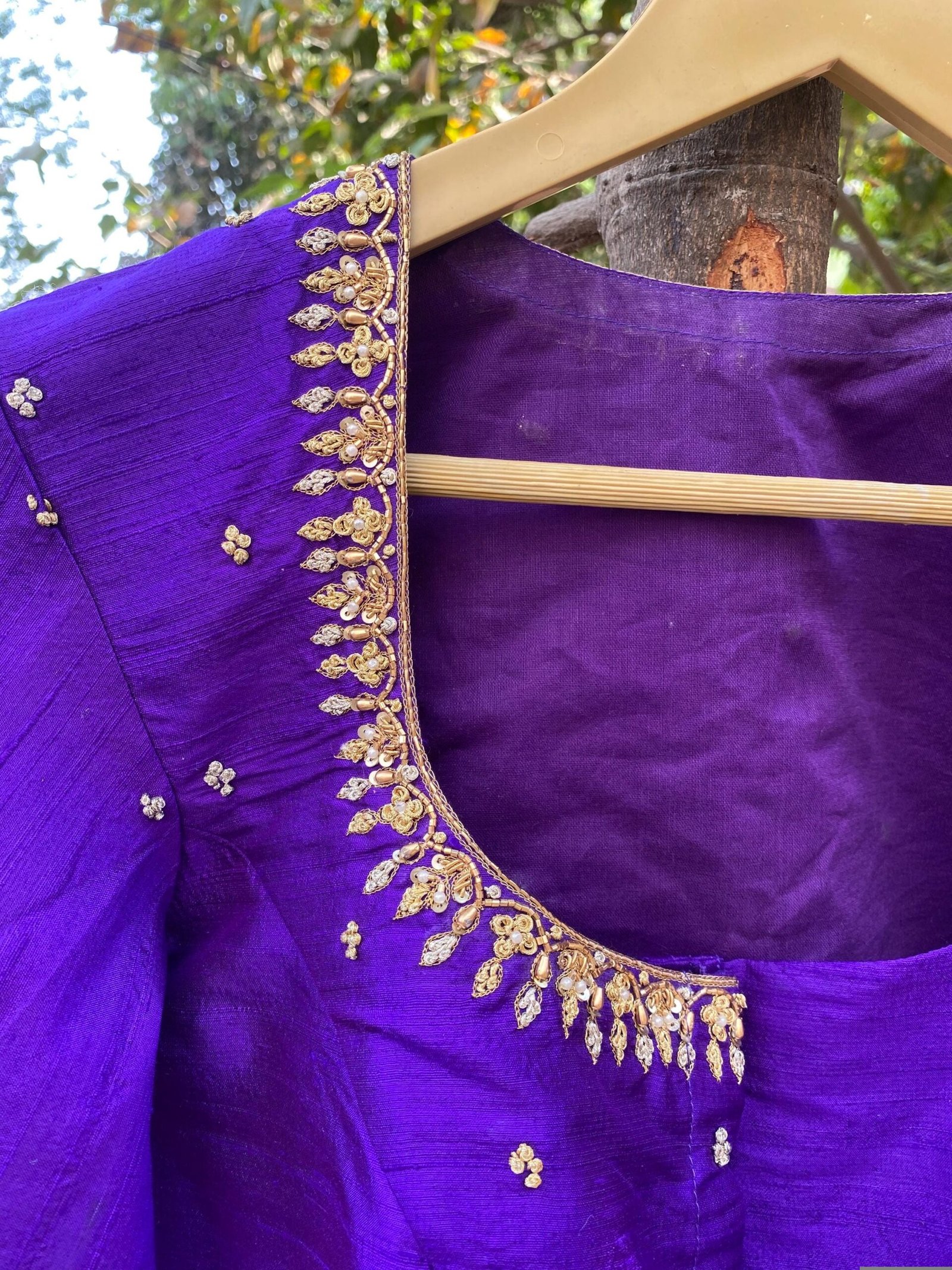 Purple Silk Saree Blouse: Hand Embroidered Zardosi Maggam