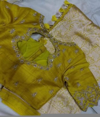 Pure Silk Hand Embroidered Saree Blouse: Yellow Zardosi Maggam Blouse,mehendi green blouse,plus size blouses,mix and match blouse,handwork