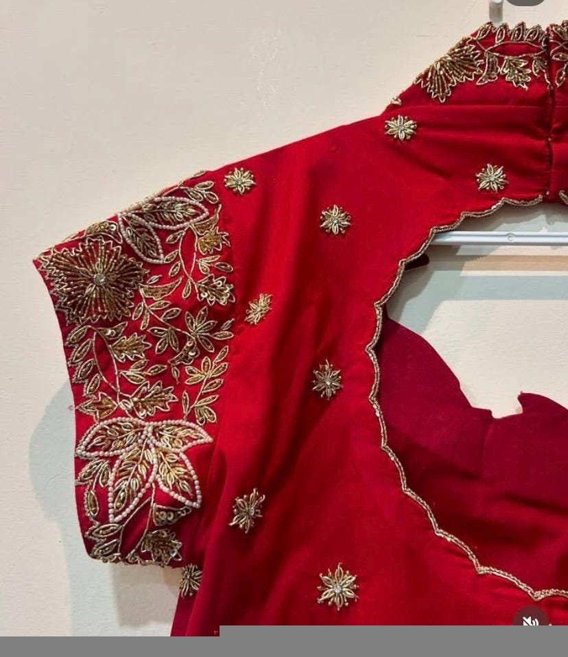 pure silk hand embroidery blouse/saree maggam blouse/red zardosi blouse/dark red hand embroidered blouse/red ready made blouse zardosi usa
