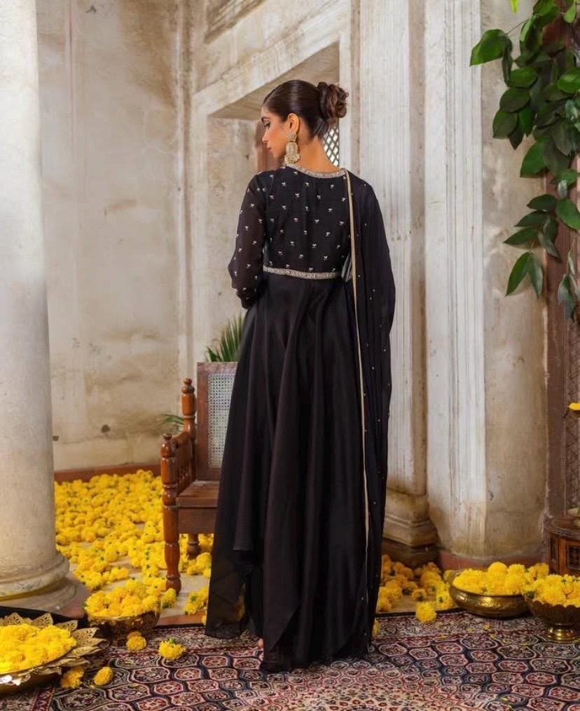 Hand Embroidered Black Anarkali Suit/chanderi Silk dress, georgette Dupatta, Indian Gown,black cocktail dress,Indian kurta pyjama, black ana