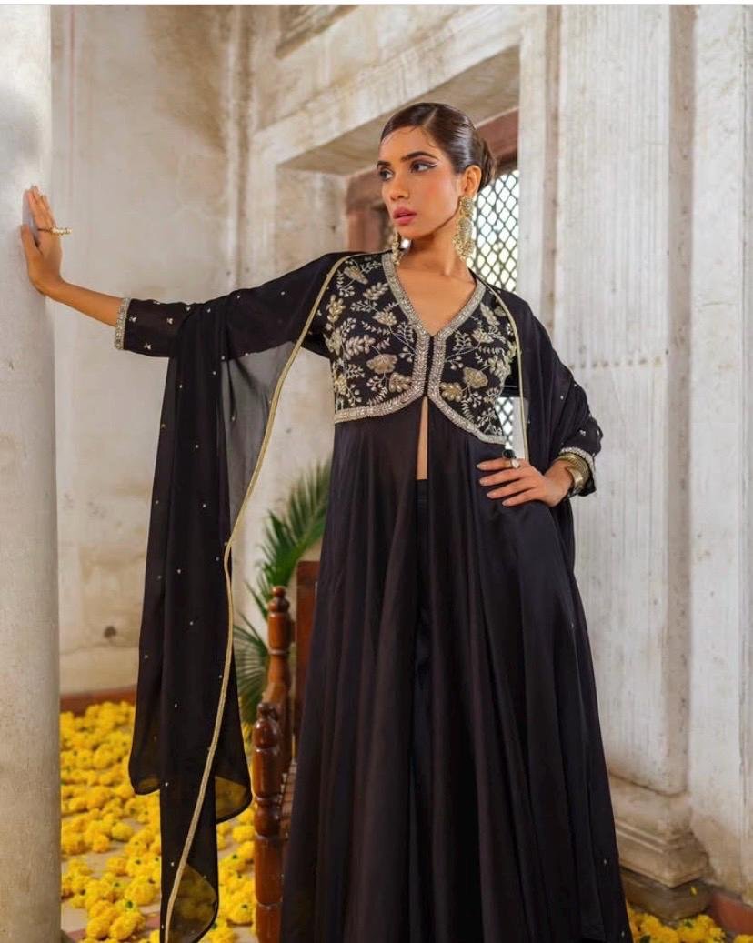 Hand Embroidered Black Anarkali Suit/chanderi Silk dress, georgette Dupatta, Indian Gown,black cocktail dress,Indian kurta pyjama, black ana
