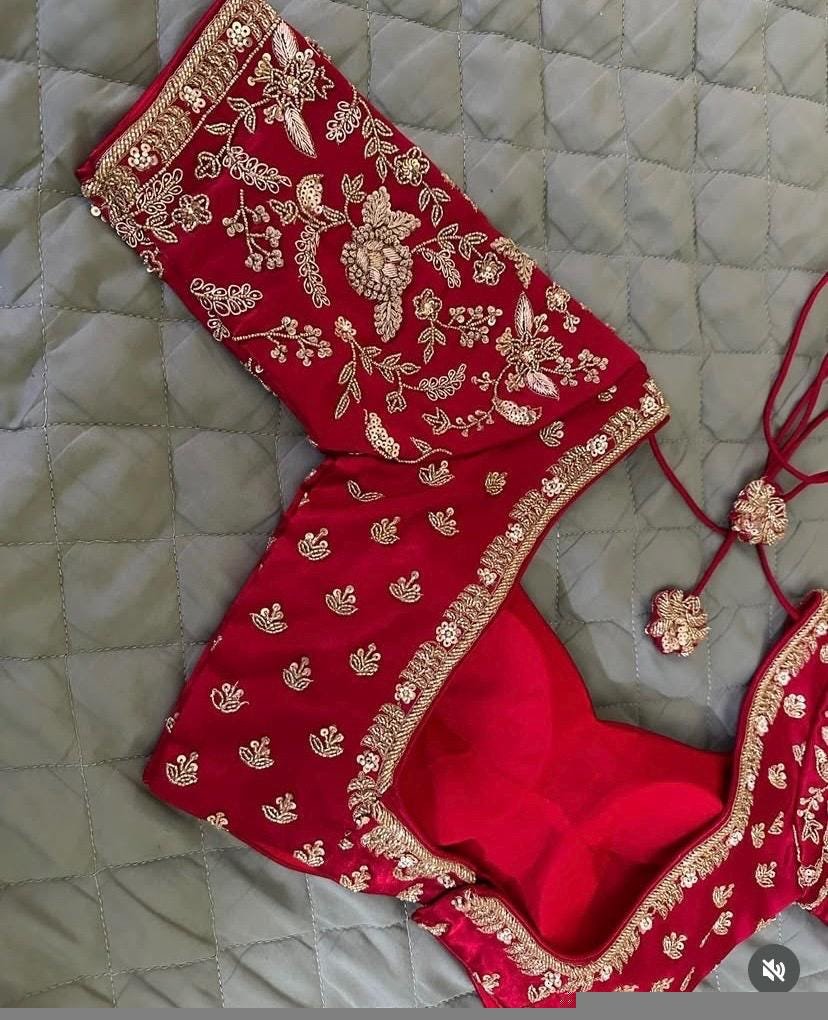 Red Silk Saree Blouse: Hand Embroidered Zardosi Maggam,red maggam work blouse,plus size blouse,mix and match blouse,maggam work blouse,red