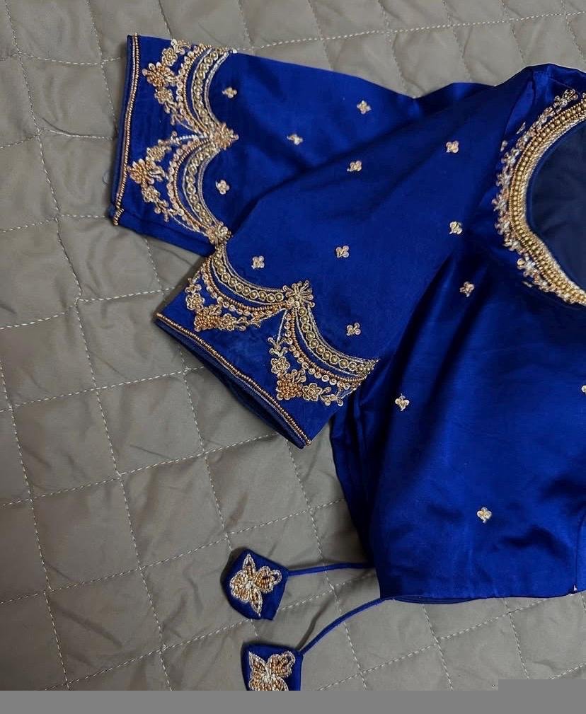 Blue Raw Silk Blouse: Hand Embroidered Zardosi Maggam Work