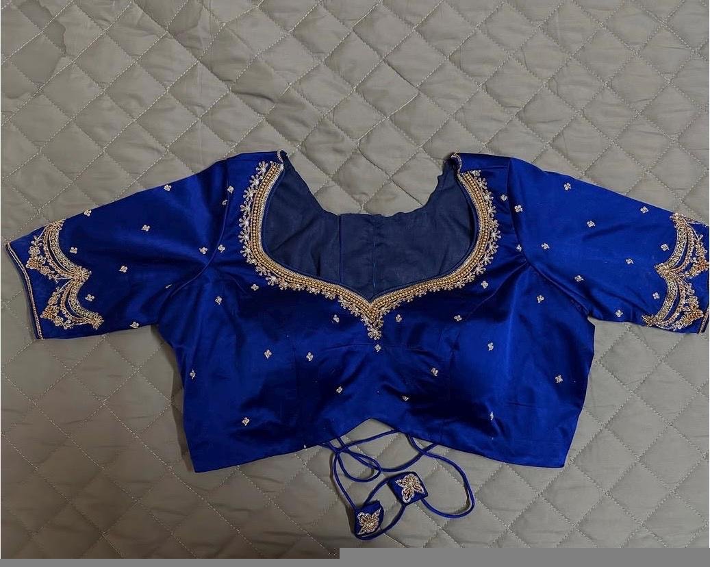 Blue Raw Silk Blouse: Hand Embroidered Zardosi Maggam Work