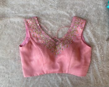 Hand Embroidered Silk Blouse: Light Pink Modern Maggam, Sleeveless