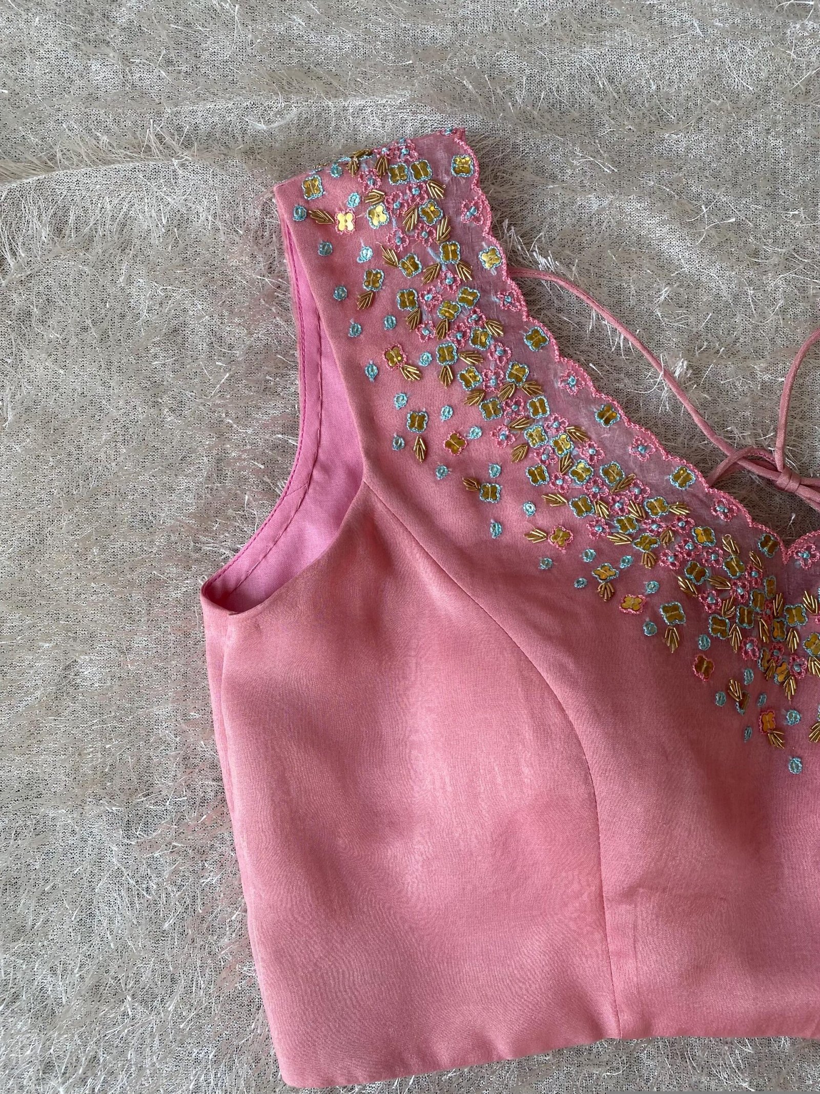 Hand Embroidered Silk Blouse: Light Pink Modern Maggam, Sleeveless