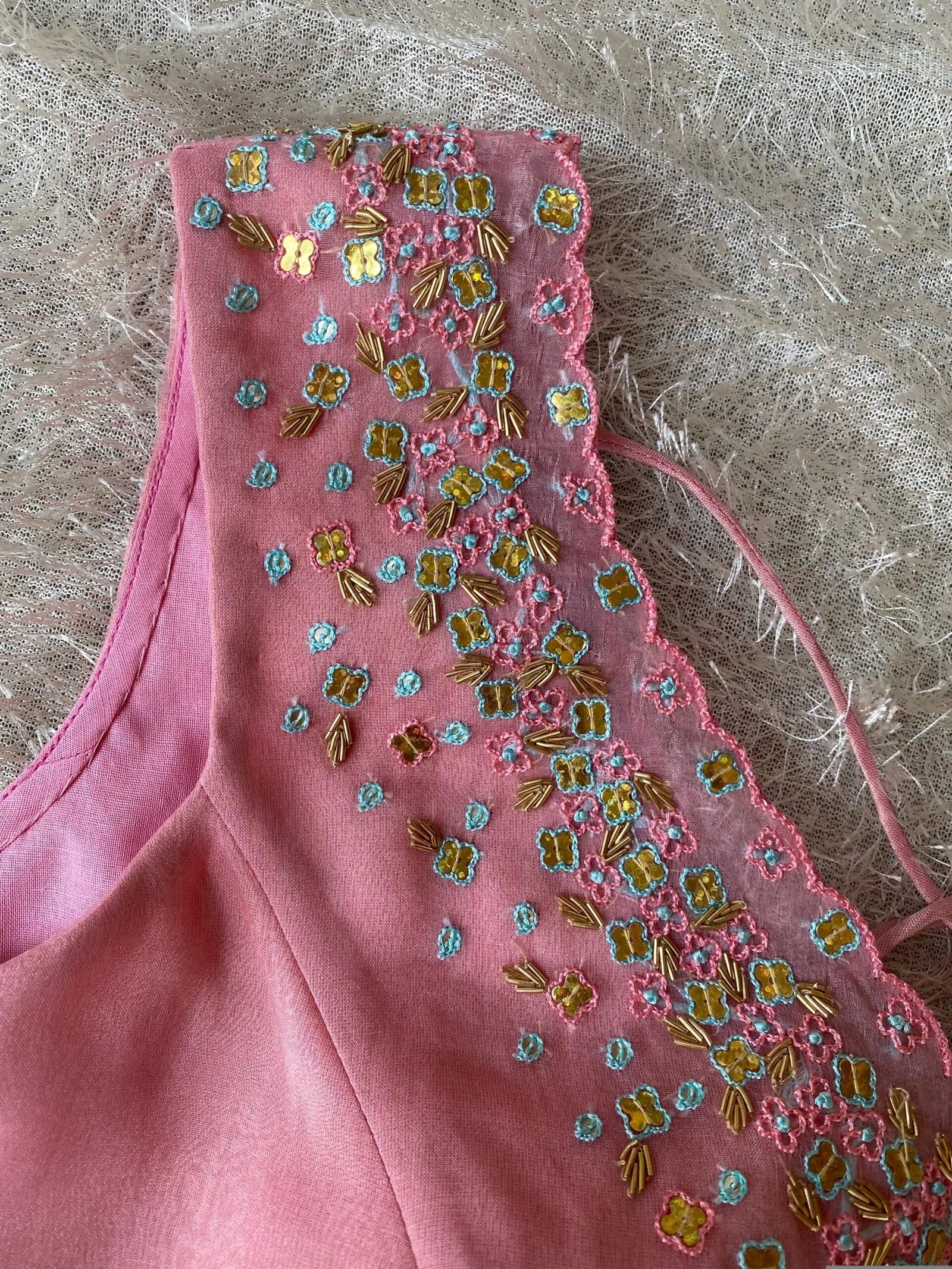 Hand Embroidered Silk Blouse: Light Pink Modern Maggam, Sleeveless