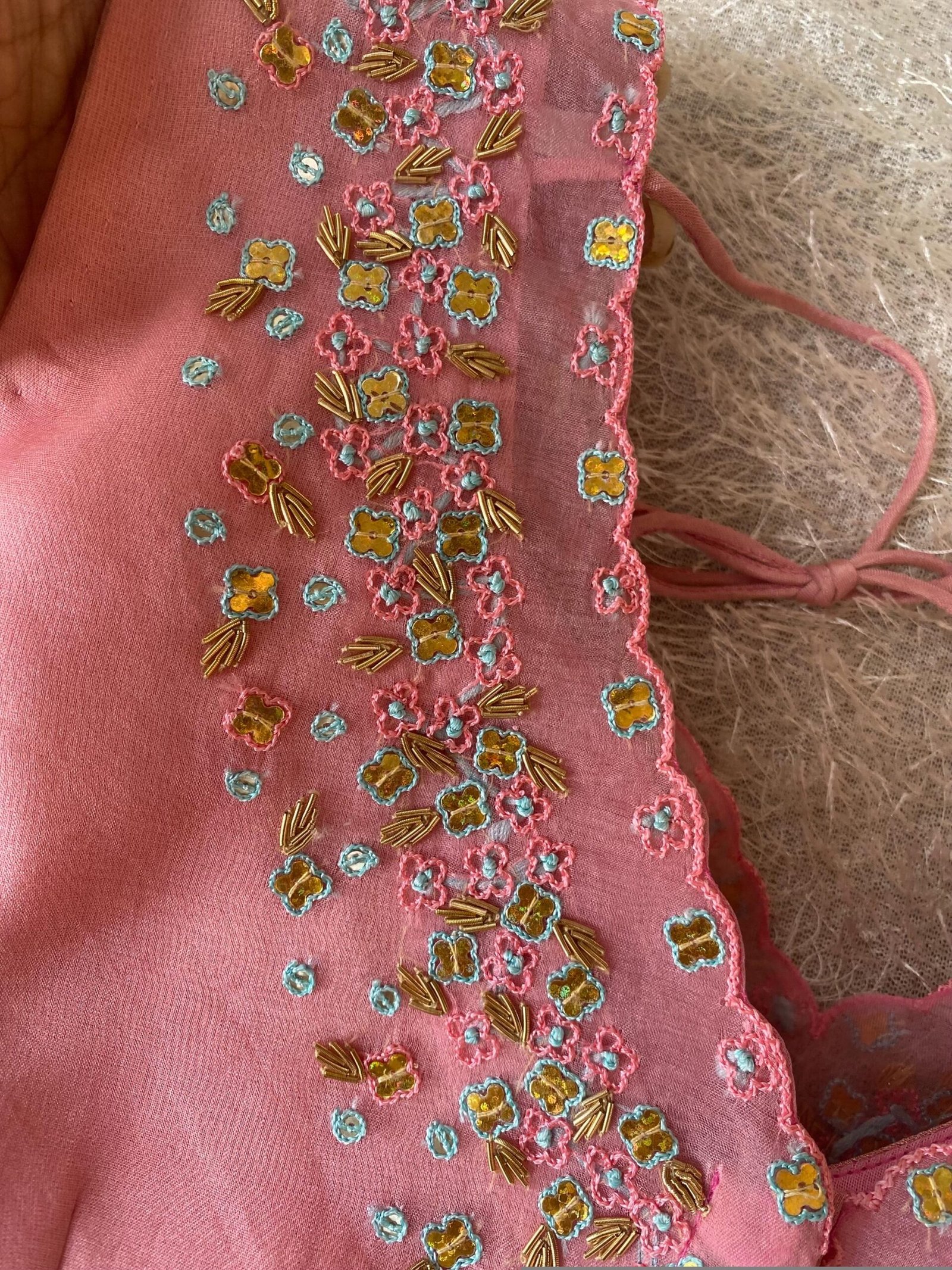 Hand Embroidered Silk Blouse: Light Pink Modern Maggam, Sleeveless