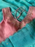 Blue tissue silk saree with hand embroidered blouse/blue saree with pink hand work blouse|sarees USA/blue pure silk scall saree with blouse