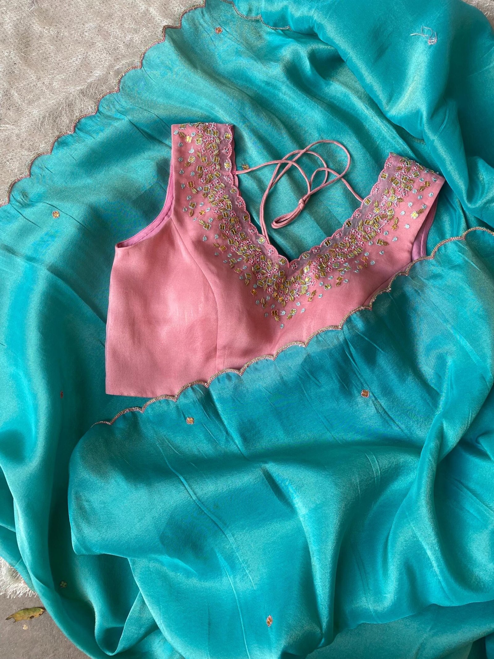 Blue tissue silk saree with hand embroidered blouse/blue saree with pink hand work blouse|sarees USA/blue pure silk scall saree with blouse
