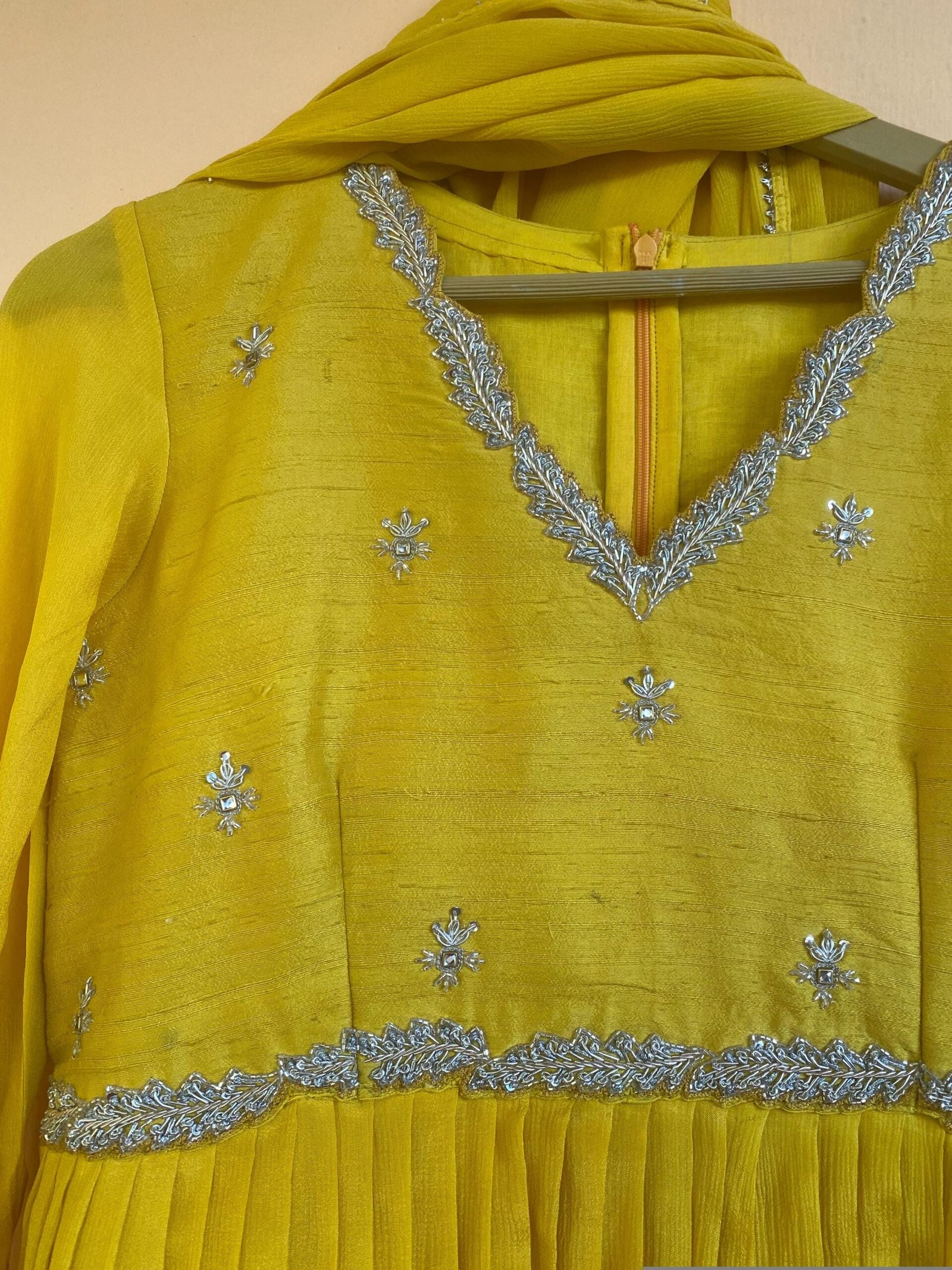 Yellow Anarkali Suit: Hand Embroidered Zardosi Indian Dress