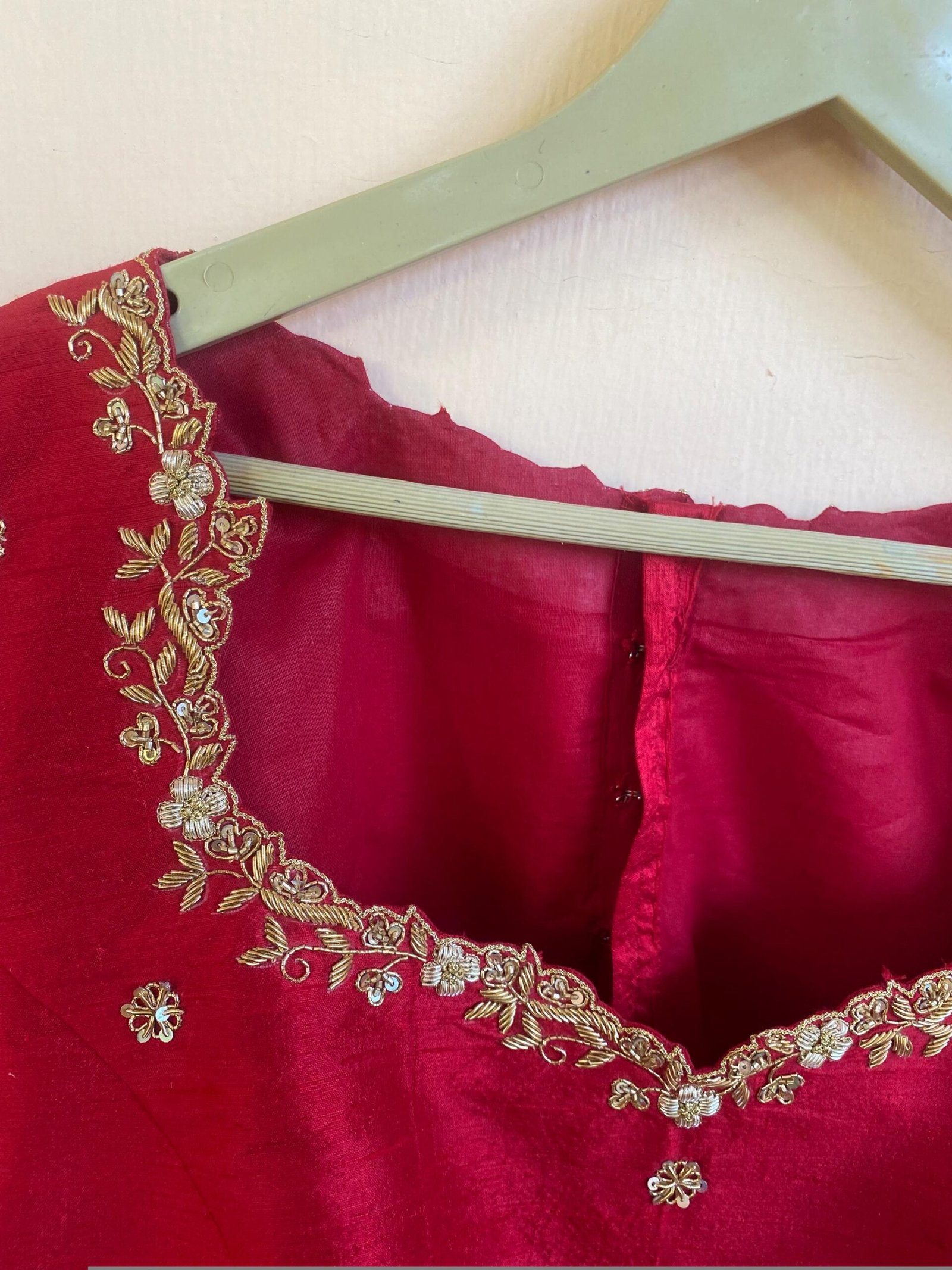 Red Silk Saree Blouse: Hand Embroidered Zardosi Maggam, Elbow Sleeve