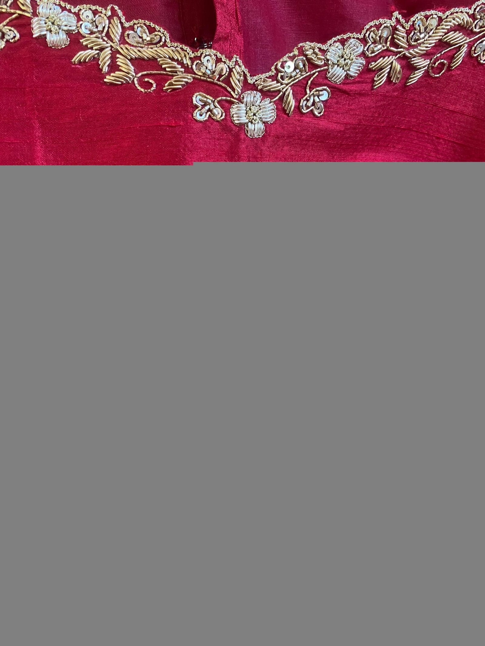 Red Silk Saree Blouse: Hand Embroidered Zardosi Maggam, Elbow Sleeve