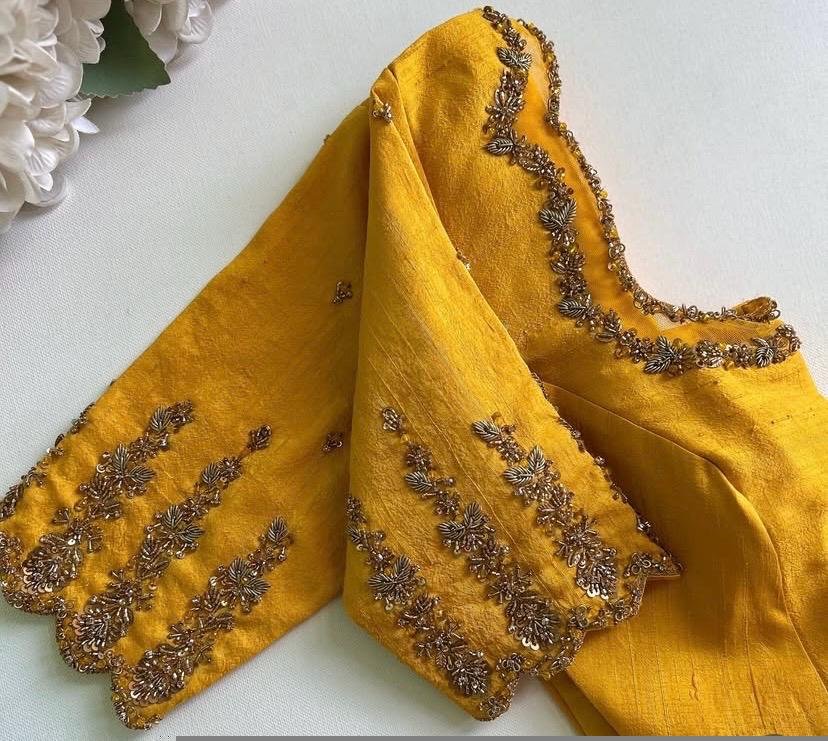 Pure Silk Hand Embroidered Blouse: Yellow Zardosi Maggam Saree Top