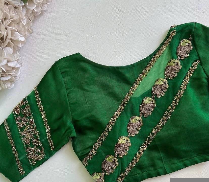 Green Silk Saree Blouse: Hand Embroidered Zardosi Crop Top