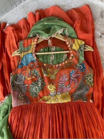 Women’s pure kalamkari anarkali with dupatta/Hand painted kalamkari dress USA/orange hand painted anarkali set/hand painted kalamkari dress