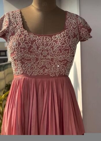 Anarkali suit usa/pink anarkali kurta short sleeve/pink sleeve anarkali/peach pink anarkali/heavy hand embroidered anarkali with dupatta usa