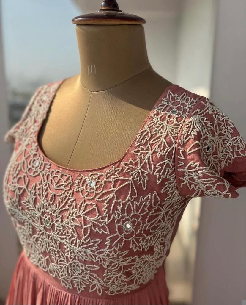 Anarkali suit usa/pink anarkali kurta short sleeve/pink sleeve anarkali/peach pink anarkali/heavy hand embroidered anarkali with dupatta usa