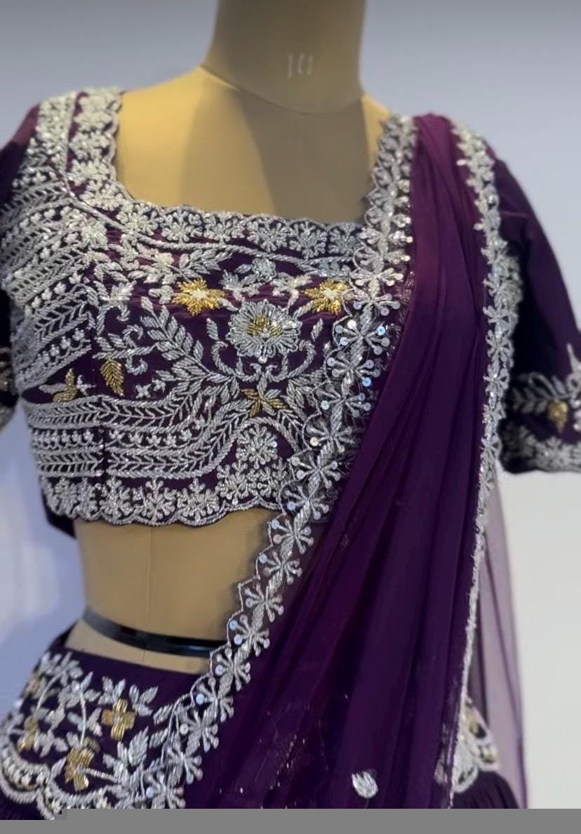 Women’s lehenga Set/purplehalf saree lehenga/Indian crop top skirt USA/hand embroidered lehenga choli USA /purple lehenga skirt with dupatta