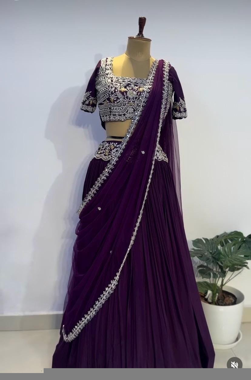 Women’s lehenga Set/purplehalf saree lehenga/Indian crop top skirt USA/hand embroidered lehenga choli USA /purple lehenga skirt with dupatta