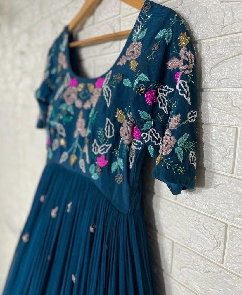 Anarkali suit usa/hand embroidery anarkali kurta/blue anarkali dress/elbow sleeves dress anarkali/Indian dresses/turquoise blue anarkali kur