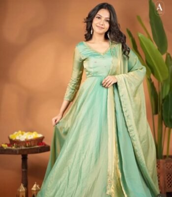 Hand embroidered green Tissue anarkali with dupatta/anarkali suit set /green kurta with dupatta Indian dresses/tissue suit with dupatta