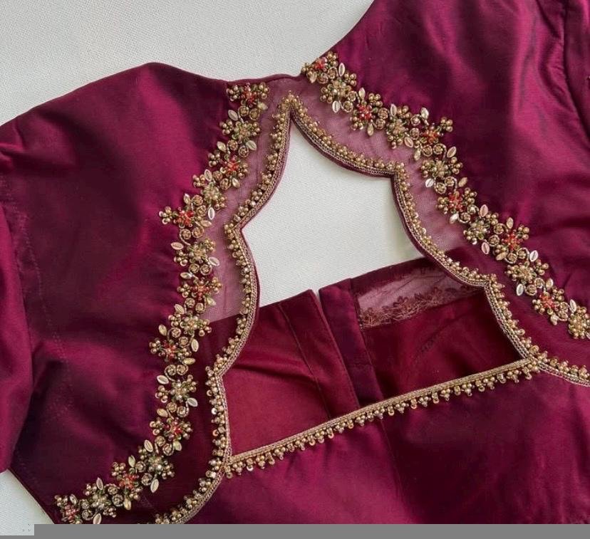 Hand Embroidered Silk Saree Blouse: Plum Zardosi Maggam