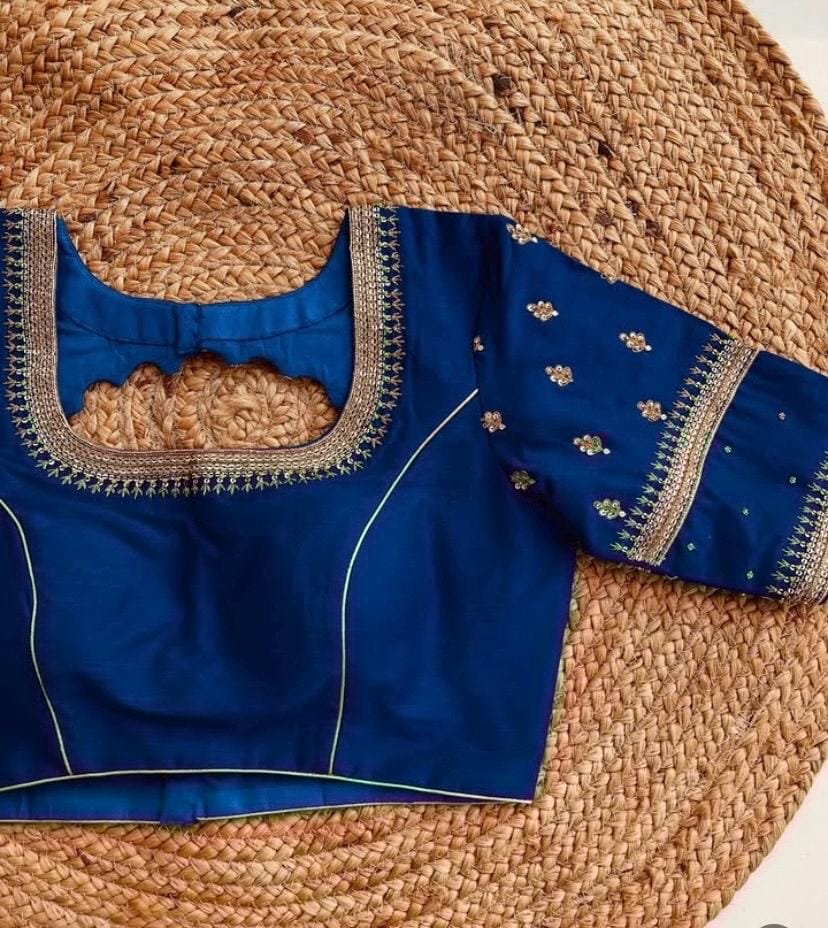 Blue Silk Hand Embroidered Blouse: Zardosi Maggam hand Work, blue maggam blouse,mix and match blosue,plus size blouse,royal blue blouse usa,