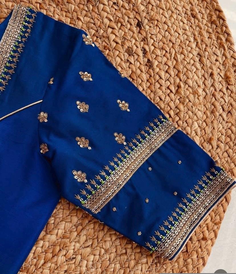 Blue Silk Hand Embroidered Blouse: Zardosi Maggam hand Work, blue maggam blouse,mix and match blosue,plus size blouse,royal blue blouse usa,
