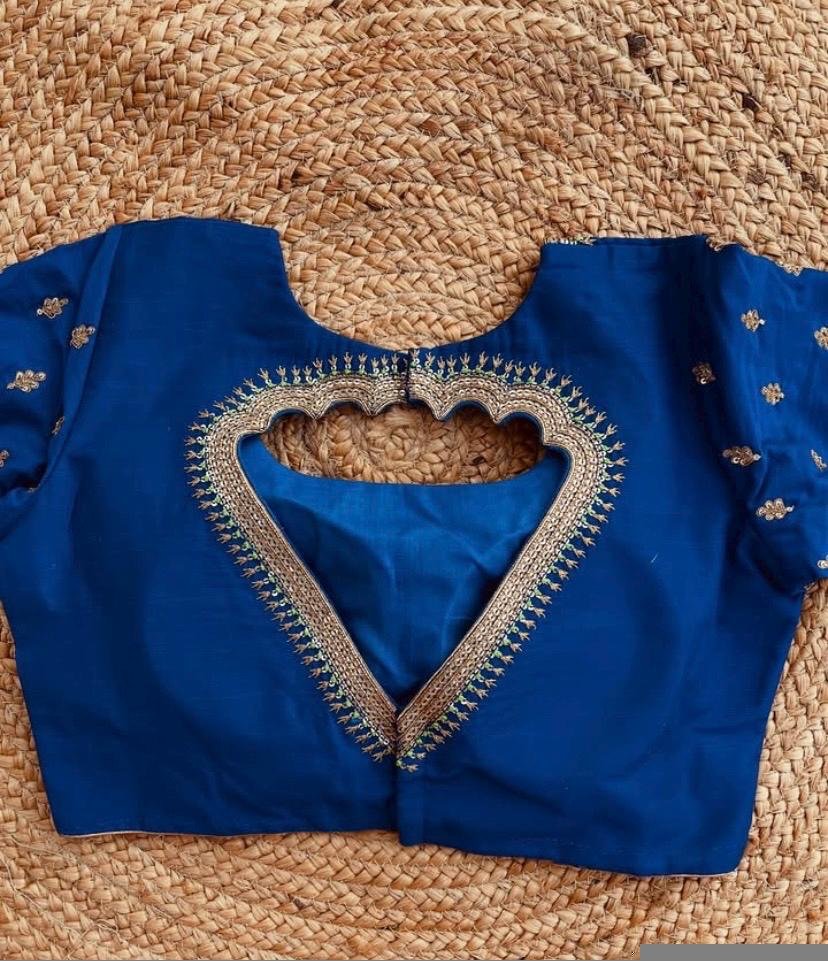 Blue Silk Hand Embroidered Blouse: Zardosi Maggam hand Work, blue maggam blouse,mix and match blosue,plus size blouse,royal blue blouse usa,