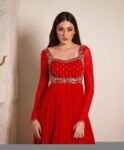Hand Embroidered Red Anarkali Dress: Chanderi Silk Suit with Dupatta,red anarkali dress, Indian kurta set,handwork kurta,plus size kurta USA