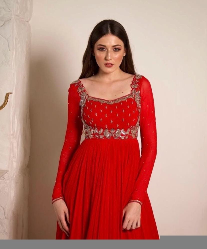 Hand Embroidered Red Anarkali Dress: Chanderi Silk Suit with Dupatta,red anarkali dress, Indian kurta set,handwork kurta,plus size kurta USA