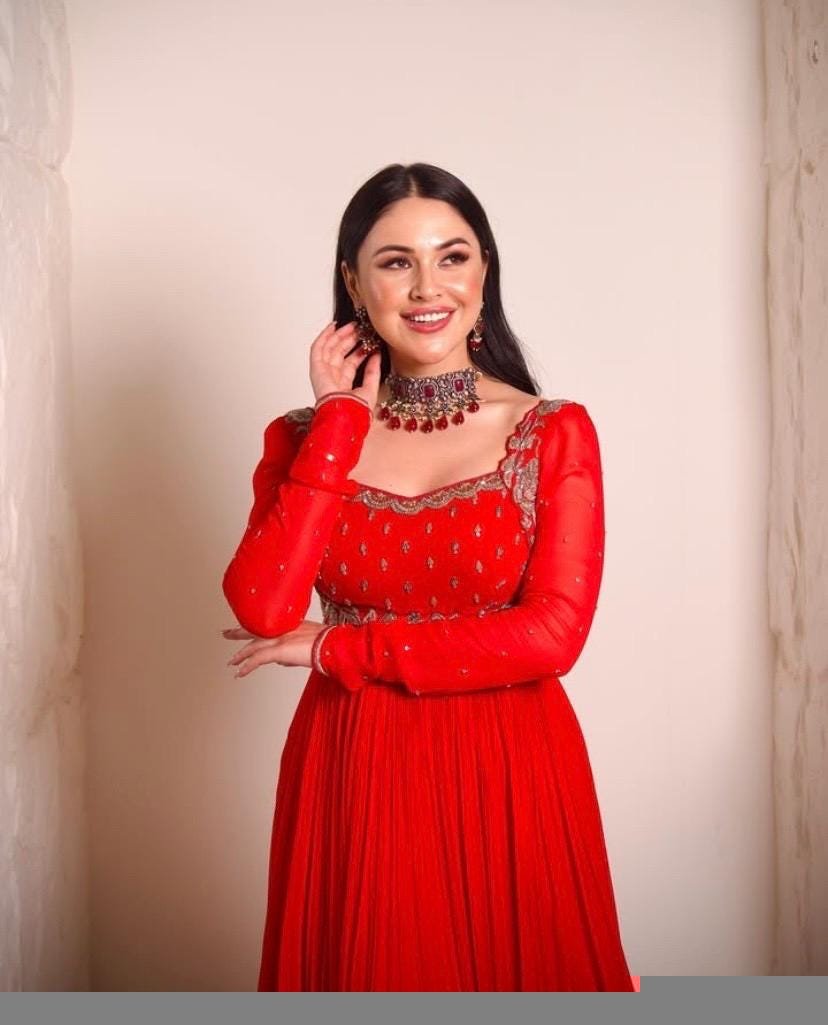 Hand Embroidered Red Anarkali Dress: Chanderi Silk Suit with Dupatta,red anarkali dress, Indian kurta set,handwork kurta,plus size kurta USA