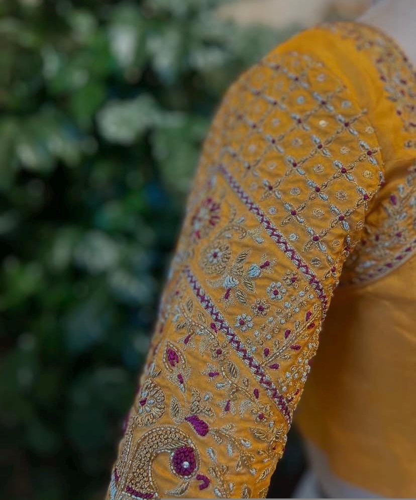 pure silk hand embroidery blouse/saree maggam yellow blouse/yellow blouse/heavy hand embroidered blouse/ready made blouse zardosi/voggish us
