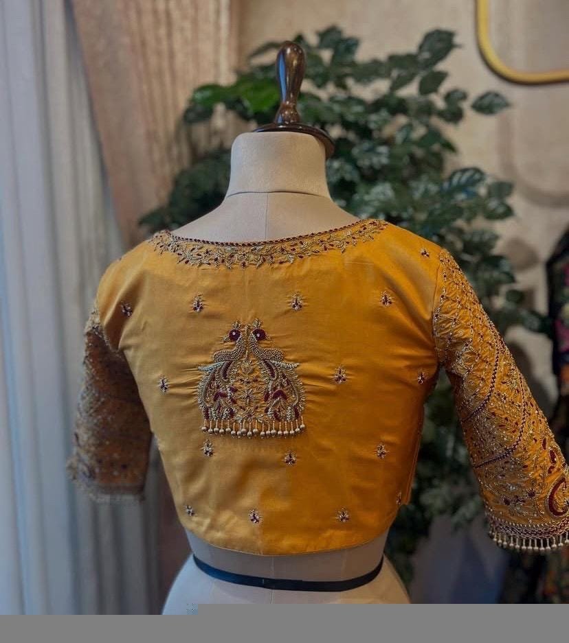 pure silk hand embroidery blouse/saree maggam yellow blouse/yellow blouse/heavy hand embroidered blouse/ready made blouse zardosi/voggish us